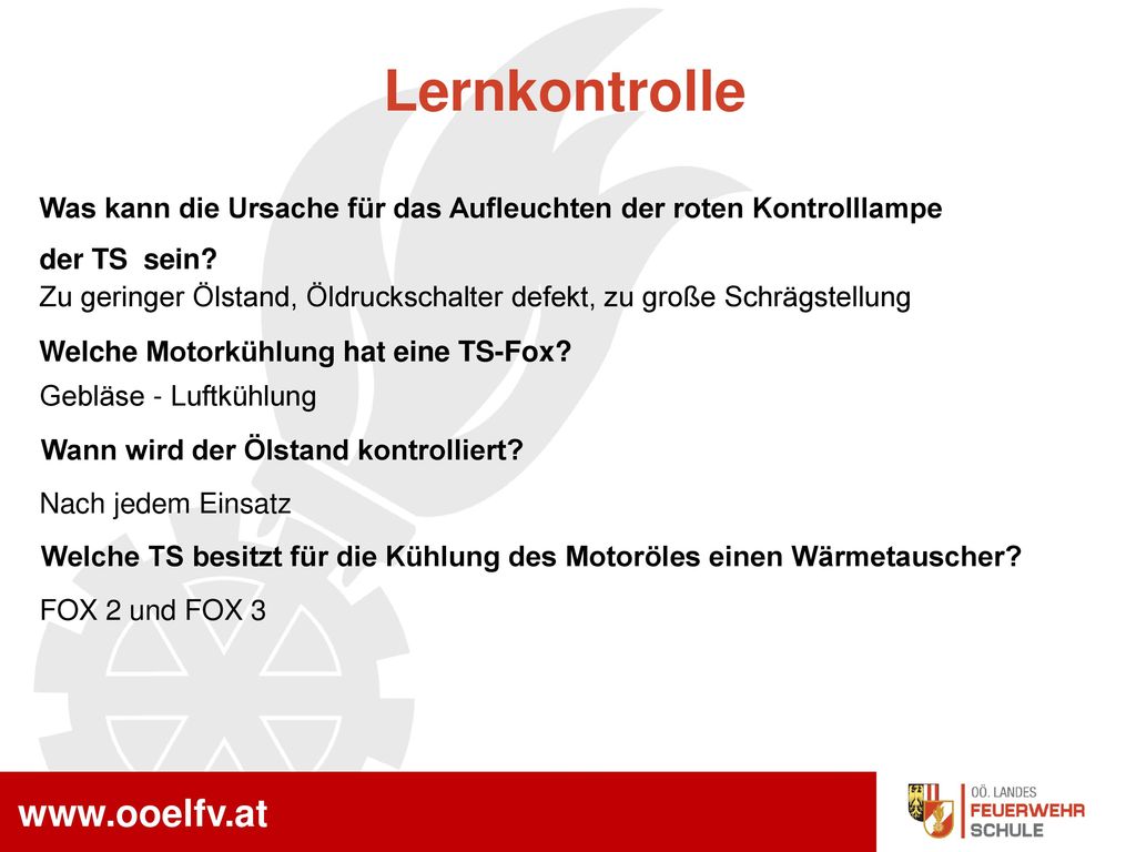 Lernkontrolle Was kann die Ursache für das Aufleuchten der roten Kontrolllampe. der TS sein