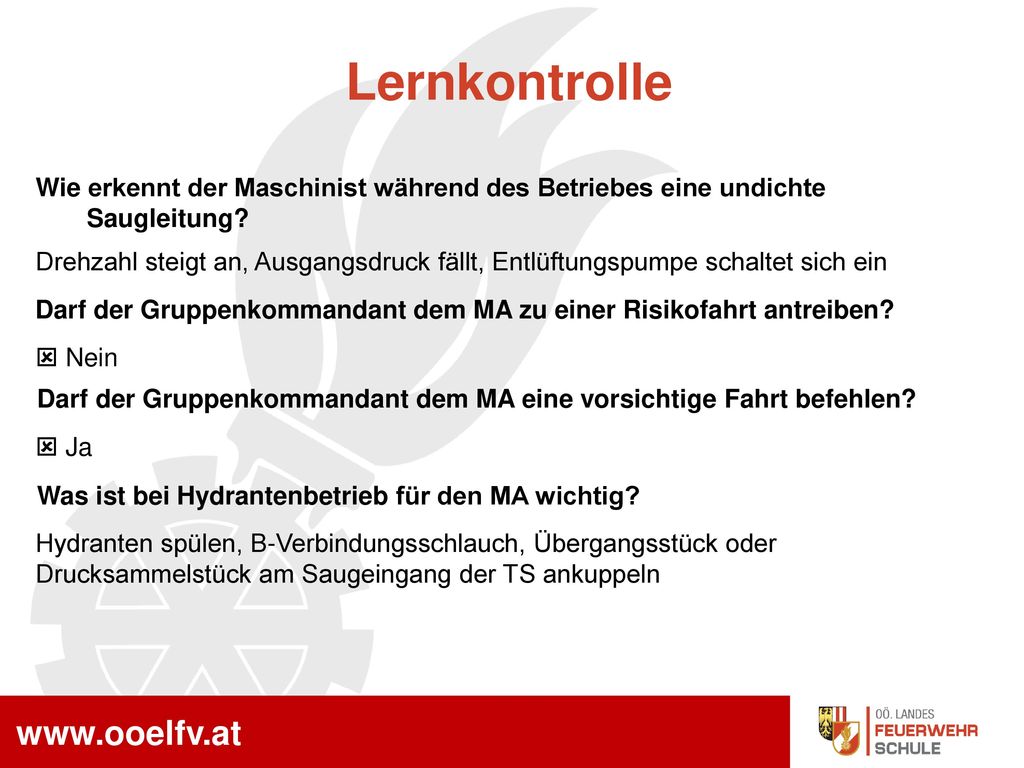 Lernkontrolle Wie erkennt der Maschinist während des Betriebes eine undichte Saugleitung