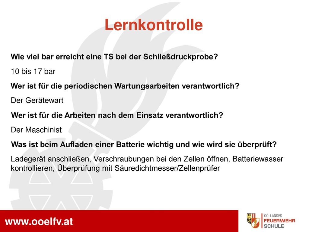 Lernkontrolle Wie viel bar erreicht eine TS bei der Schließdruckprobe