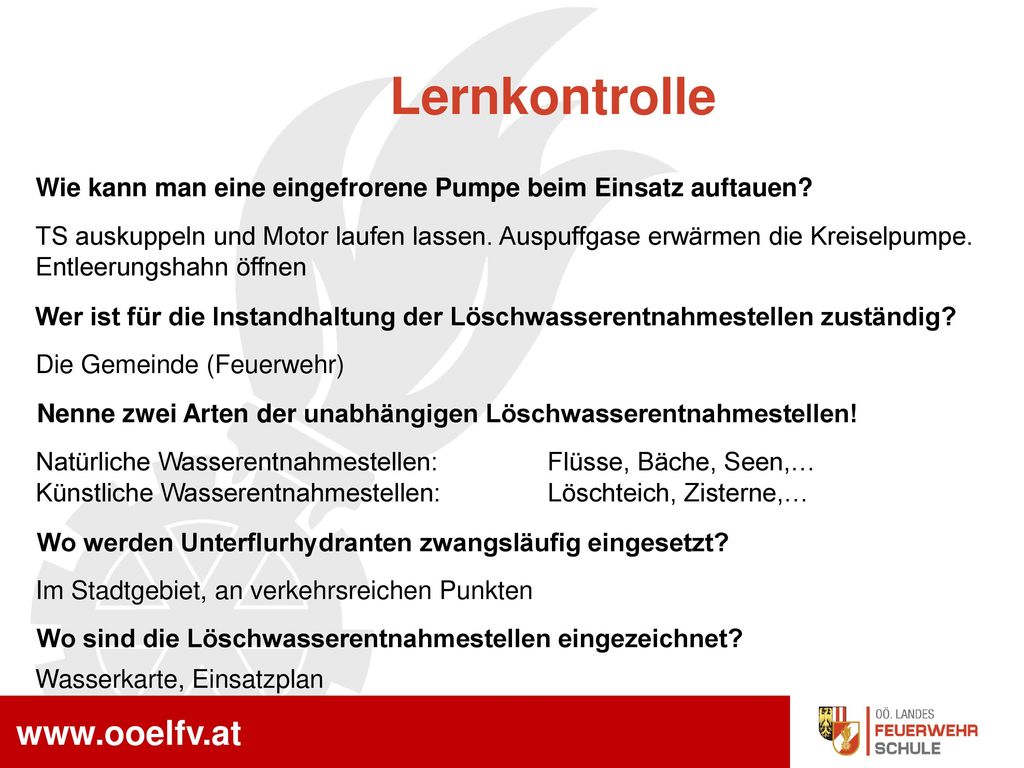 Lernkontrolle Wie kann man eine eingefrorene Pumpe beim Einsatz auftauen
