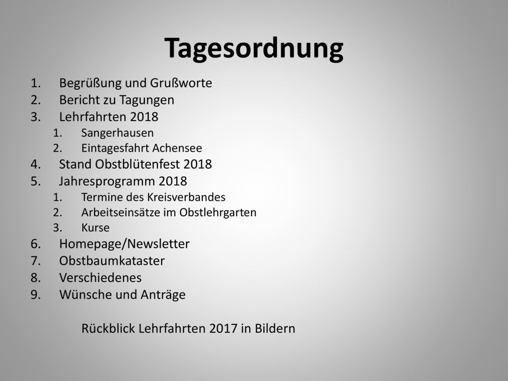 Tagesordnung Begrüßung und Grußworte Bericht zu Tagungen
