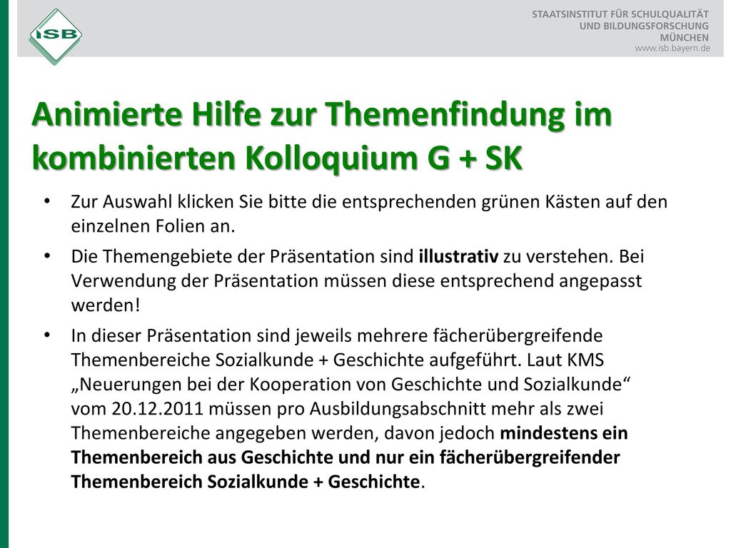 Animierte Hilfe zur Themenfindung im kombinierten Kolloquium G + SK
