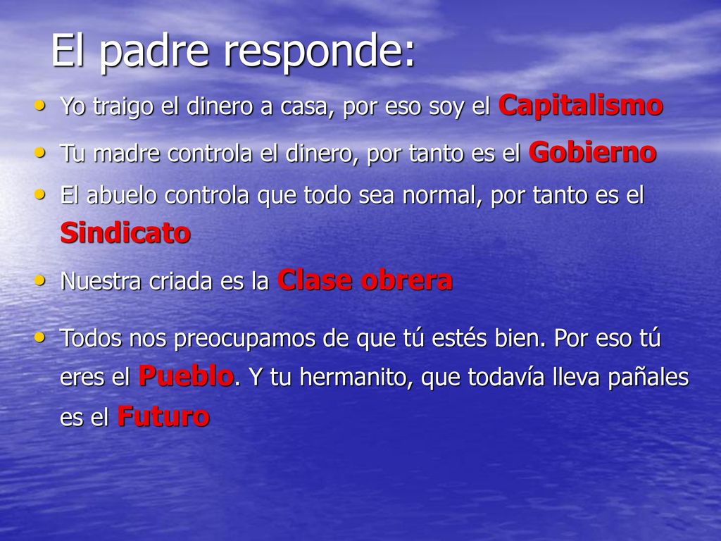 El padre responde: Yo traigo el dinero a casa, por eso soy el Capitalismo. Tu madre controla el dinero, por tanto es el Gobierno.