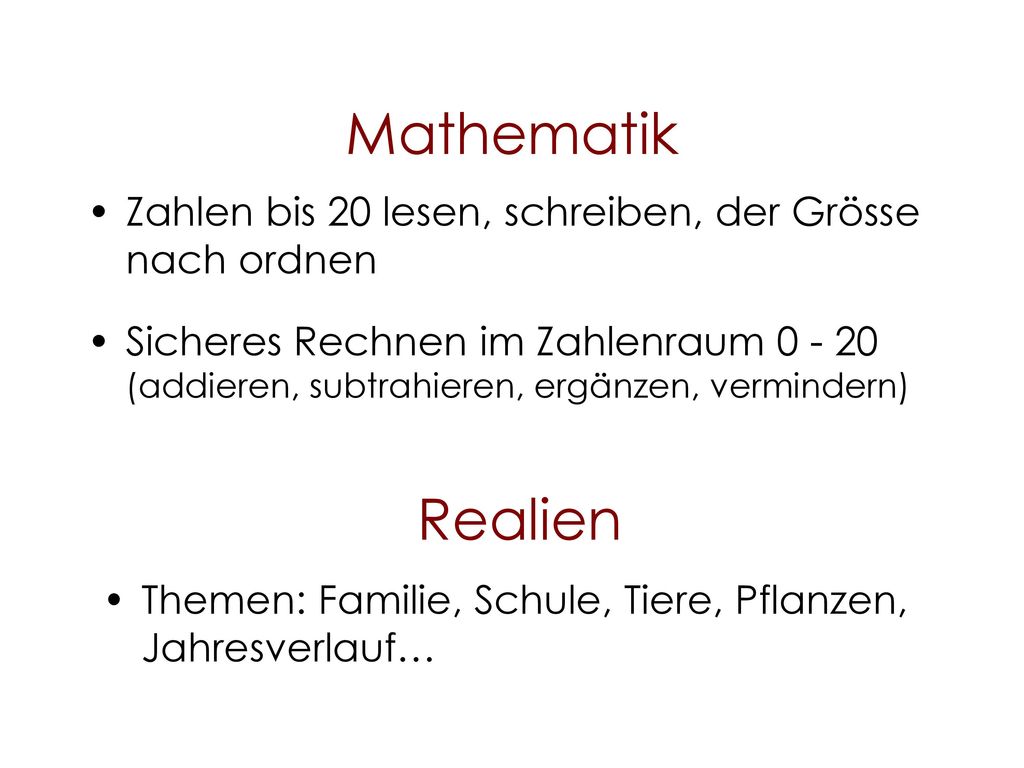 Mathematik Zahlen bis 20 lesen, schreiben, der Grösse nach ordnen.
