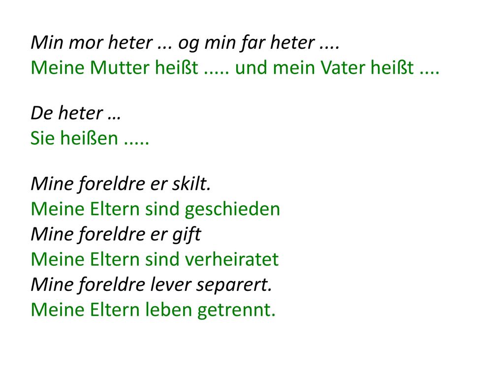 Min mor heter. og min far heter. Meine Mutter heißt
