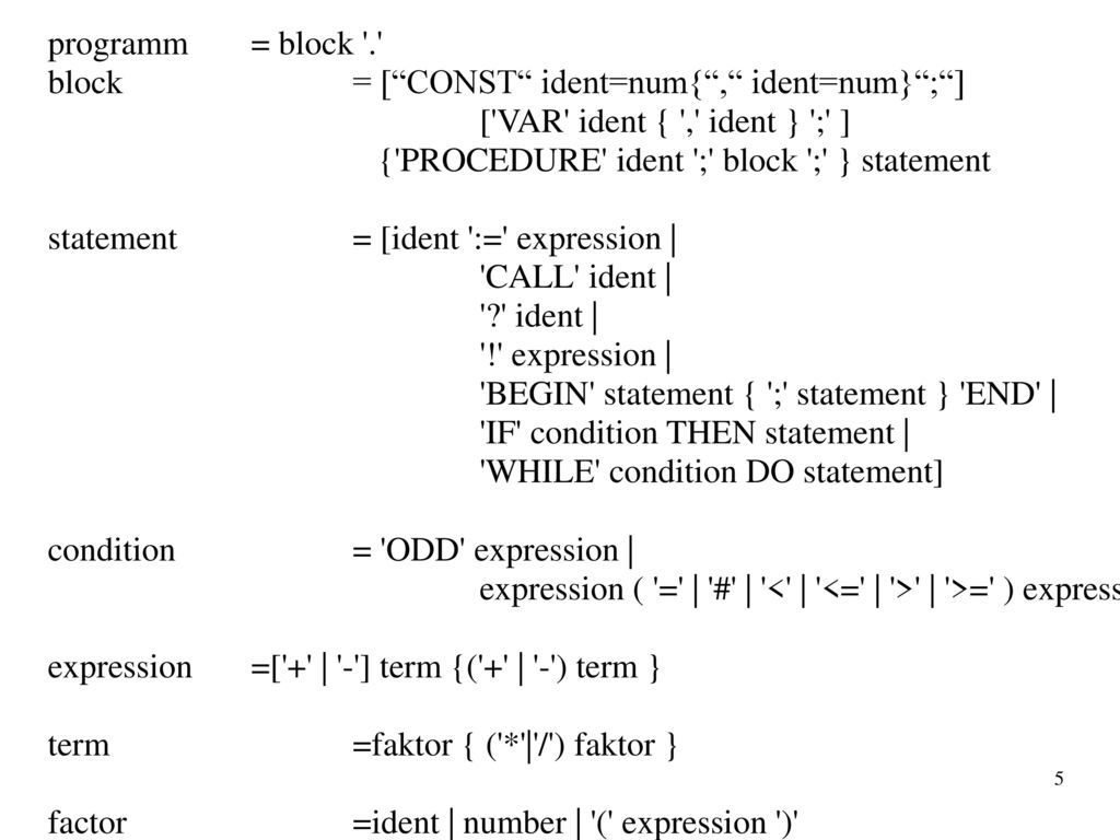 programm = block . block = [ CONST ident=num{ , ident=num} ; ] [ VAR ident { , ident } ; ]