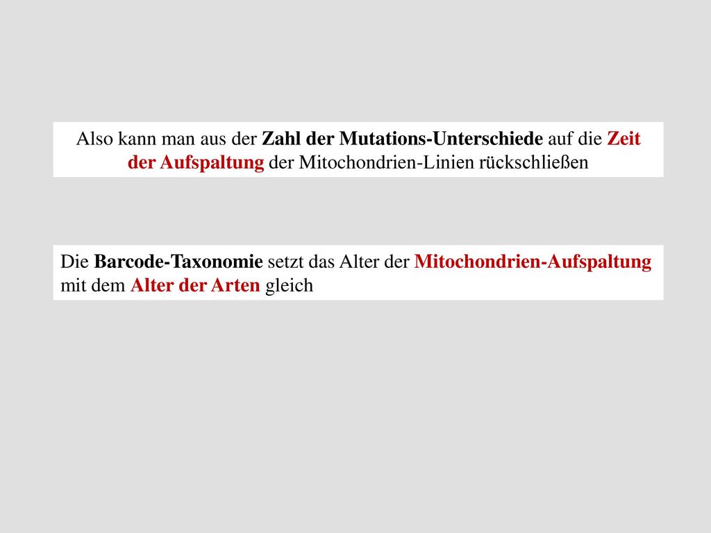 Also kann man aus der Zahl der Mutations-Unterschiede auf die Zeit der Aufspaltung der Mitochondrien-Linien rückschließen