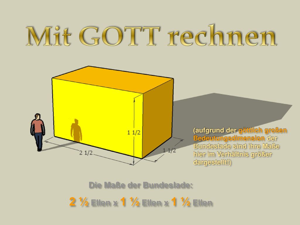 Die Maße der Bundeslade: 2 ½ Ellen x 1 ½ Ellen x 1 ½ Ellen