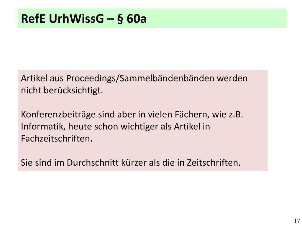 RefE UrhWissG – § 60a Artikel aus Proceedings/Sammelbändenbänden werden nicht berücksichtigt.