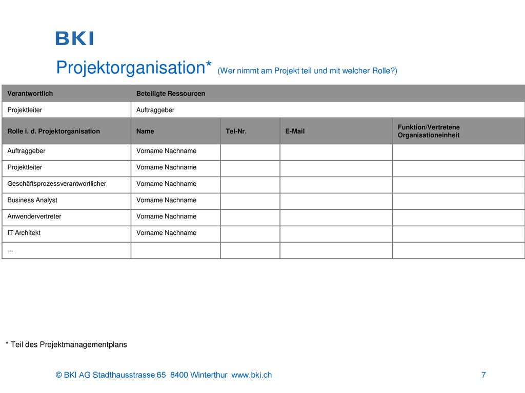 Projektorganisation. (Wer nimmt am Projekt teil und mit welcher Rolle