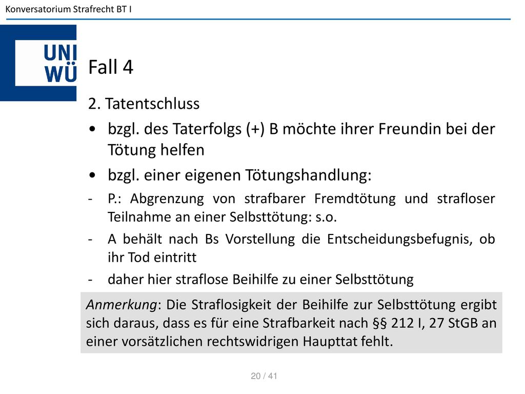 Fall 4 2. Tatentschluss. bzgl. des Taterfolgs (+) B möchte ihrer Freundin bei der Tötung helfen. bzgl. einer eigenen Tötungshandlung:
