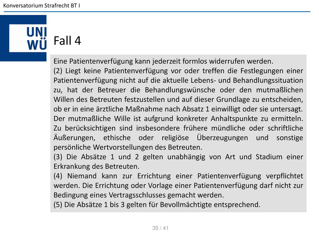 Fall 4 Eine Patientenverfügung kann jederzeit formlos widerrufen werden.