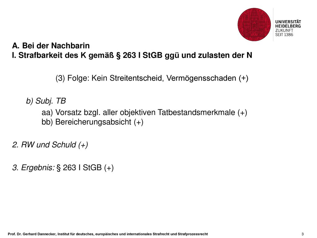 A. Bei der Nachbarin I. Strafbarkeit des K gemäß § 263 I StGB ggü und zulasten der N. (3) Folge: Kein Streitentscheid, Vermögensschaden (+)