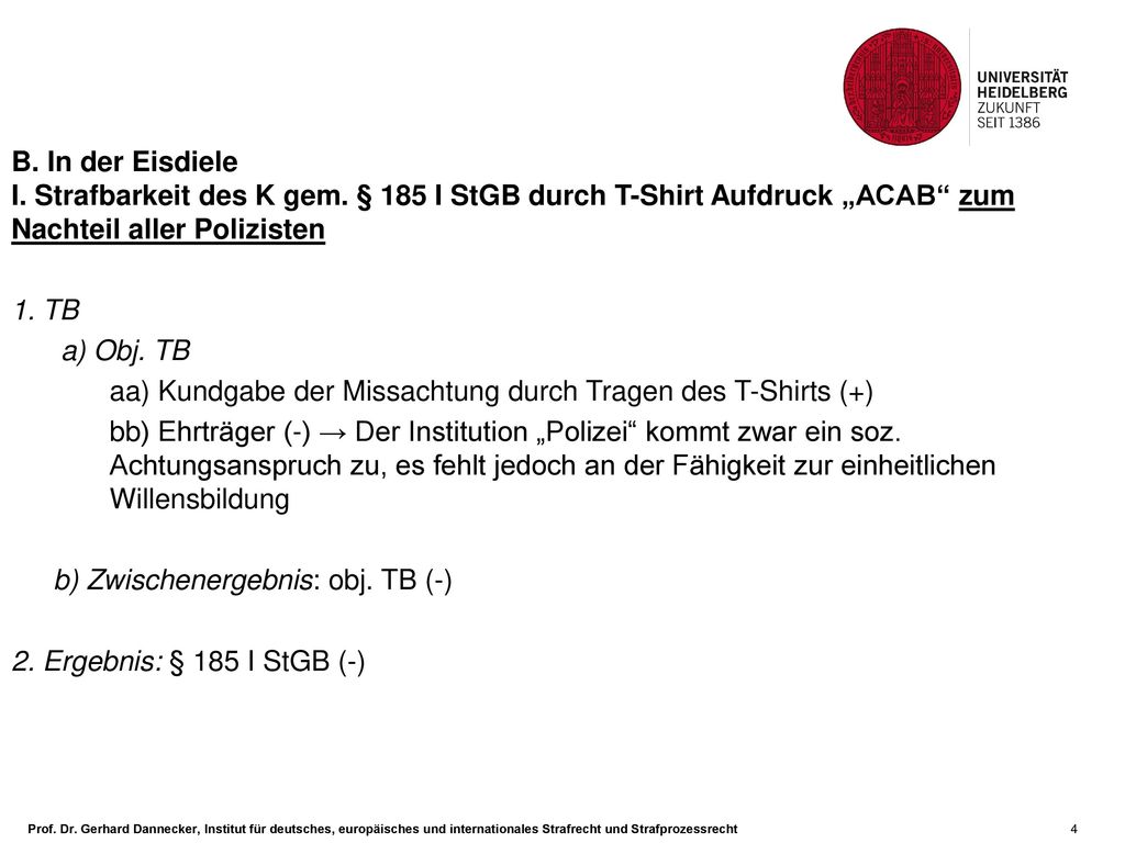 B. In der Eisdiele I. Strafbarkeit des K gem. § 185 I StGB durch T-Shirt Aufdruck „ACAB zum Nachteil aller Polizisten.