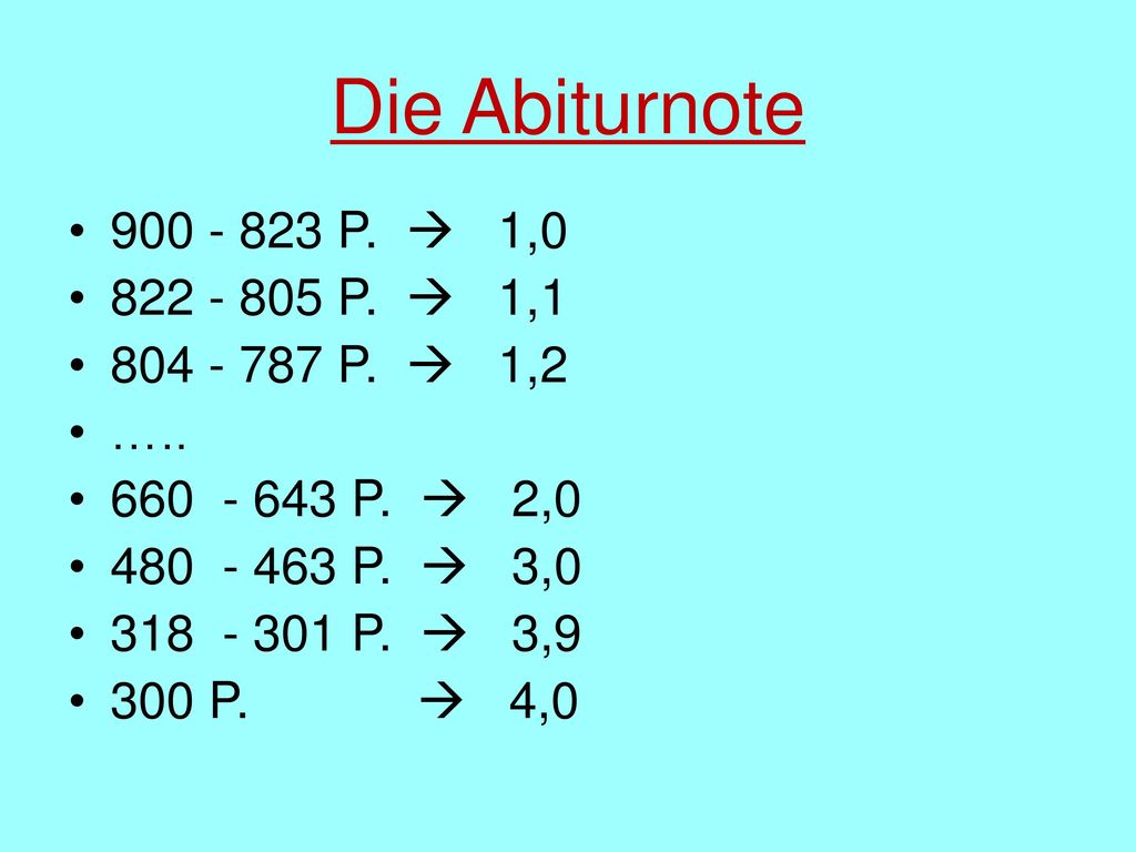 Die Abiturnote P.  1, P.  1, P.  1,2. … P.  2,0.