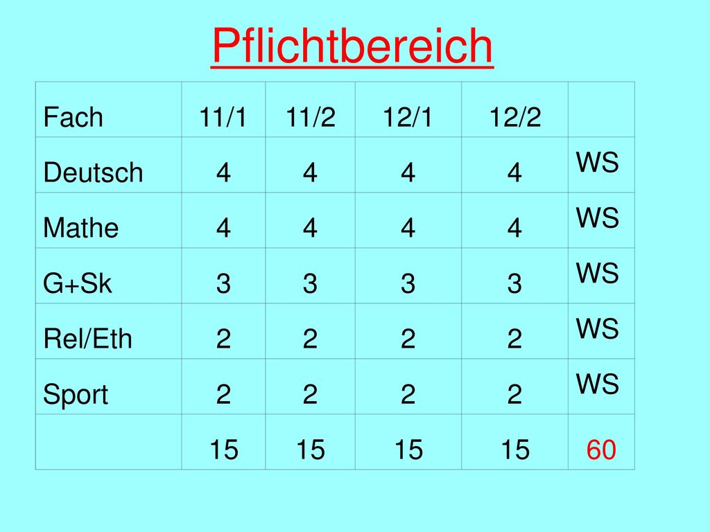 Pflichtbereich Fach 11/1 11/2 12/1 12/2 Deutsch 4 WS Mathe G+Sk 3