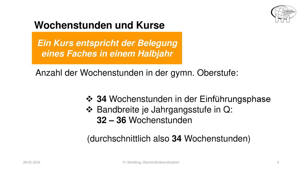 Ein Kurs entspricht der Belegung eines Faches in einem Halbjahr