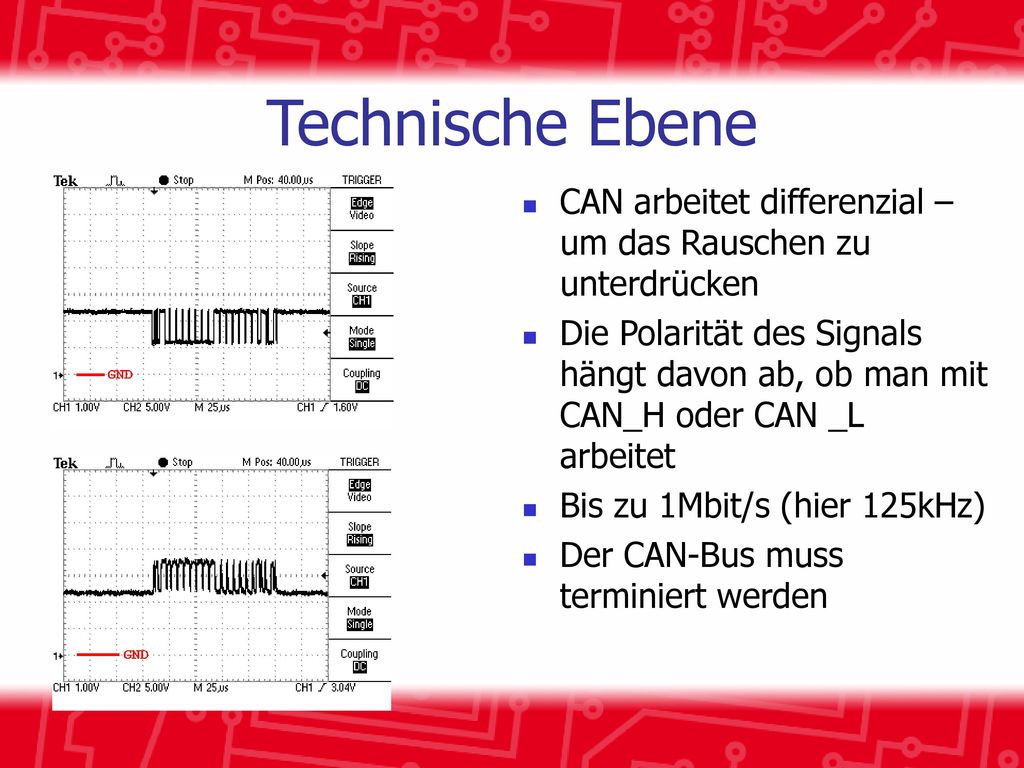 Technische Ebene CAN arbeitet differenzial – um das Rauschen zu unterdrücken.