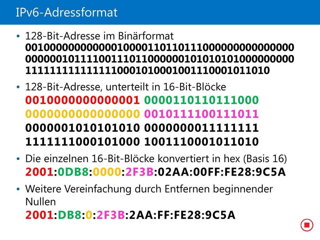 21410D IPv6-Adressformat. 8: Implementieren von IPv Bit-Adresse im Binärformat.