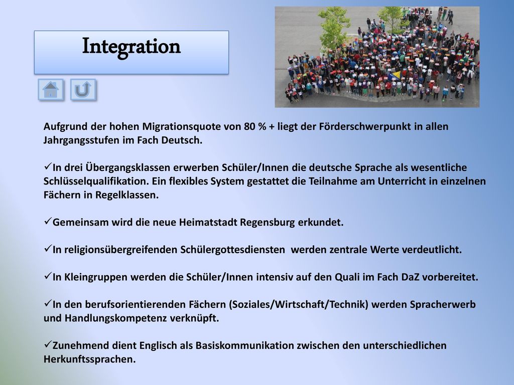 Integration Aufgrund der hohen Migrationsquote von 80 % + liegt der Förderschwerpunkt in allen Jahrgangsstufen im Fach Deutsch.