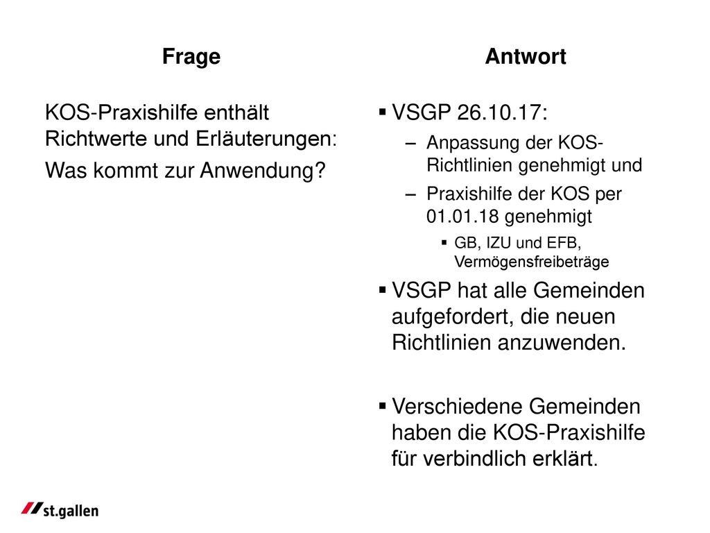Frage Antwort. KOS-Praxishilfe enthält Richtwerte und Erläuterungen: Was kommt zur Anwendung VSGP :