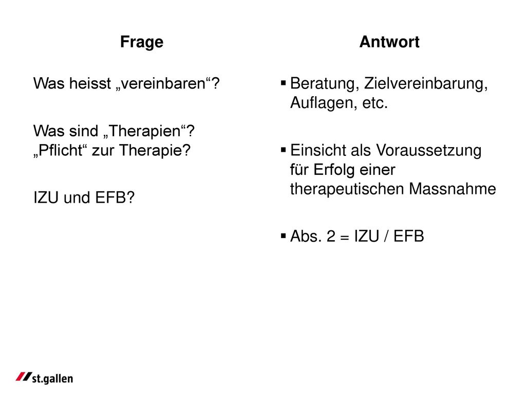 Frage Antwort. Was heisst „vereinbaren Was sind „Therapien „Pflicht zur Therapie IZU und EFB