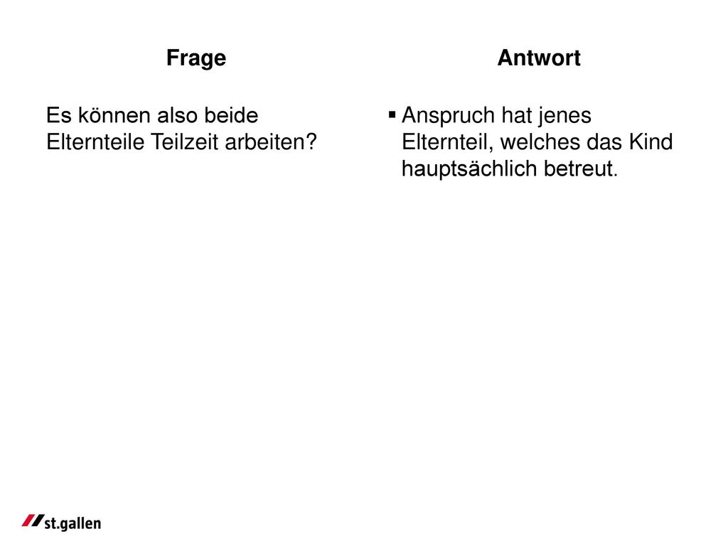 Frage Antwort. Es können also beide Elternteile Teilzeit arbeiten.