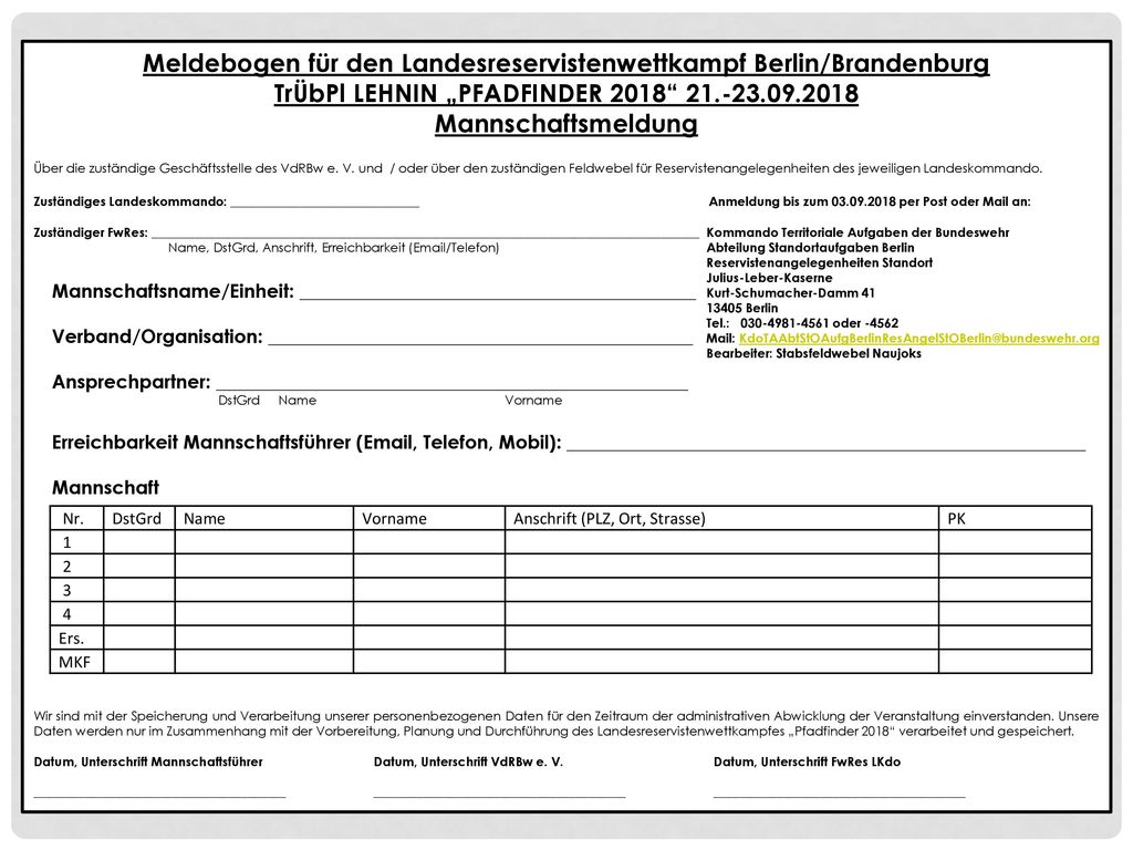 Meldebogen für den Landesreservistenwettkampf Berlin/Brandenburg TrÜbPl LEHNIN „PFADFINDER