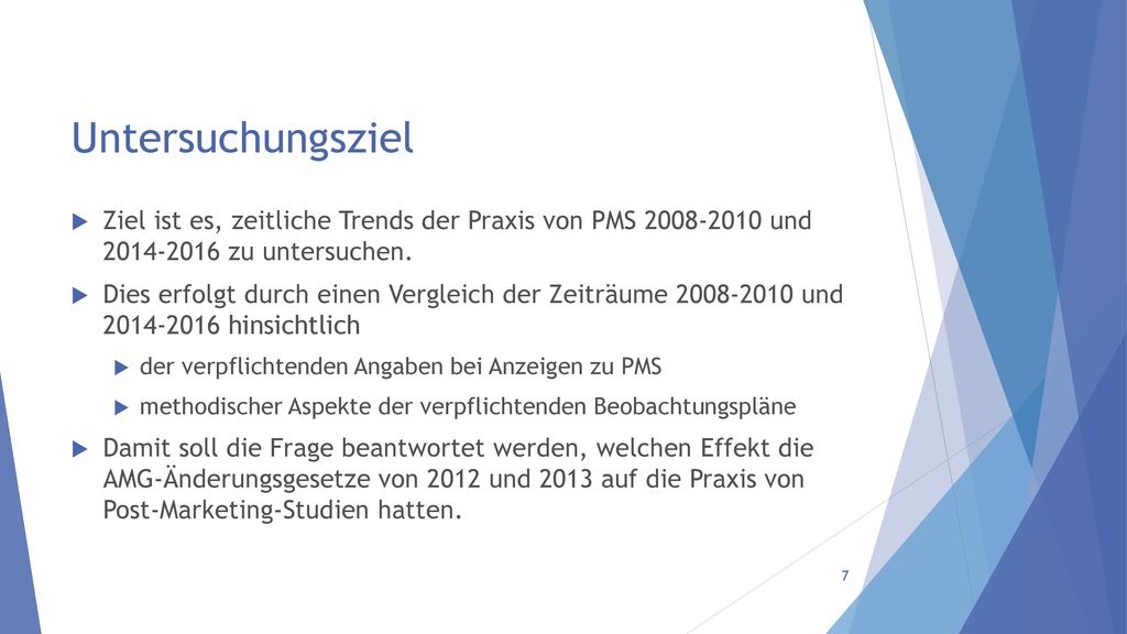 Untersuchungsziel Ziel ist es, zeitliche Trends der Praxis von PMS und zu untersuchen.