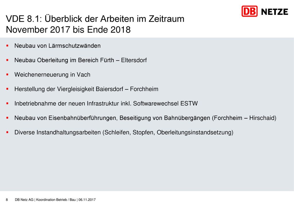 VDE 8.1: Überblick der Arbeiten im Zeitraum November 2017 bis Ende 2018