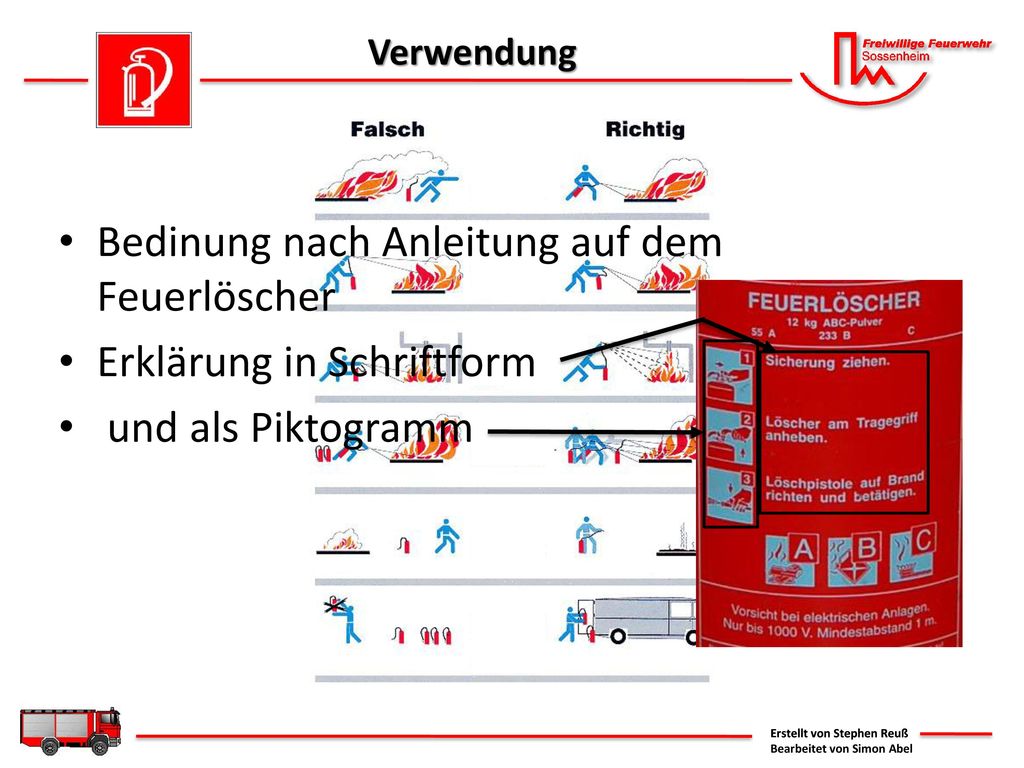 Bedinung nach Anleitung auf dem Feuerlöscher Erklärung in Schriftform