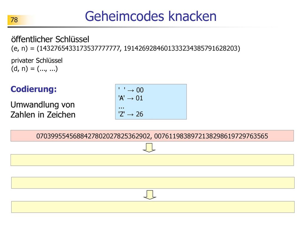 Geheimcodes knacken 78. öffentlicher Schlüssel (e, n) = ( , )