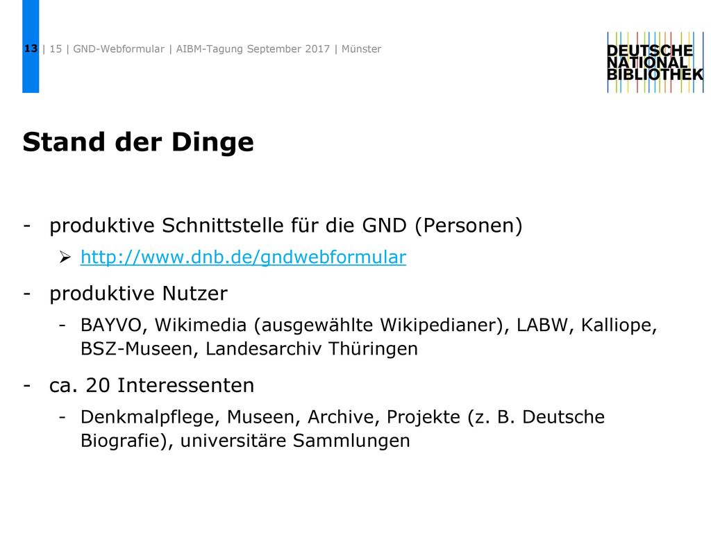 Stand der Dinge produktive Schnittstelle für die GND (Personen)