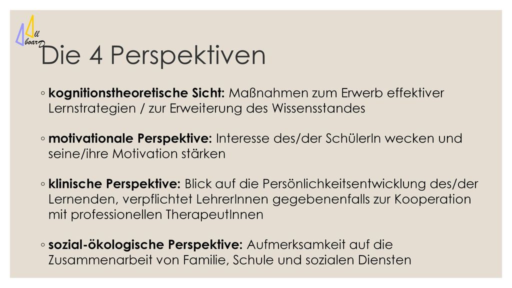 Die 4 Perspektiven kognitionstheoretische Sicht: Maßnahmen zum Erwerb effektiver Lernstrategien / zur Erweiterung des Wissensstandes.
