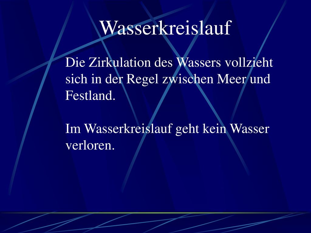 Wasserkreislauf Die Zirkulation des Wassers vollzieht sich in der Regel zwischen Meer und Festland.