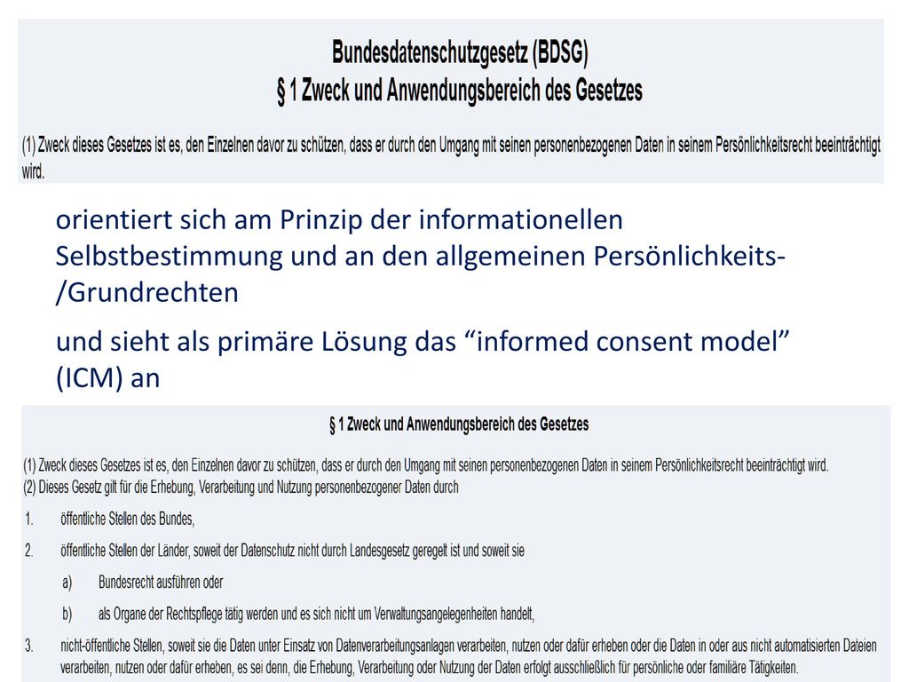 orientiert sich am Prinzip der informationellen Selbstbestimmung und an den allgemeinen Persönlichkeits-/Grundrechten