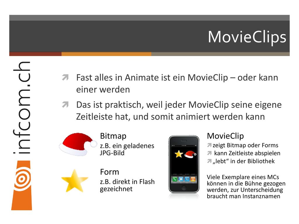 MovieClips Fast alles in Animate ist ein MovieClip – oder kann einer werden.