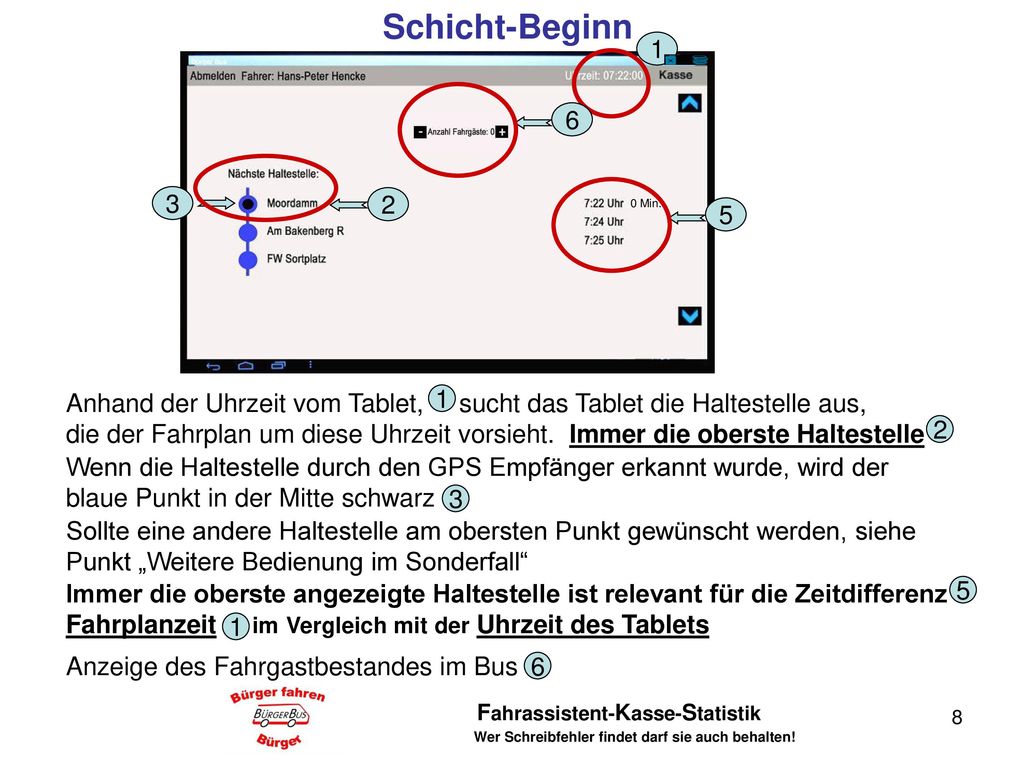 Schicht-Beginn Min. Anhand der Uhrzeit vom Tablet, sucht das Tablet die Haltestelle aus,