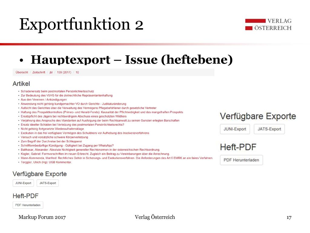 Exportfunktion 2 Hauptexport – Issue (heftebene) Verlag Österreich