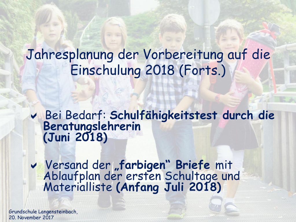 Jahresplanung der Vorbereitung auf die Einschulung 2018 (Forts.)