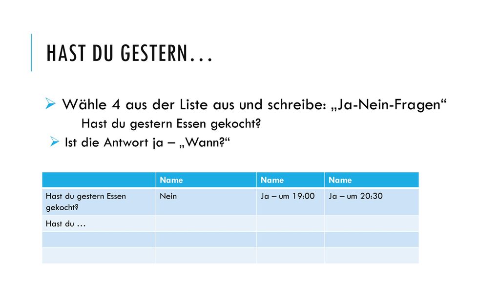 Hast du gestern… Wähle 4 aus der Liste aus und schreibe: „Ja-Nein-Fragen Hast du gestern Essen gekocht