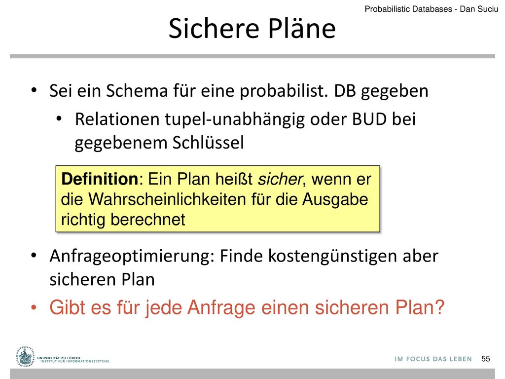 Sichere Pläne Sei ein Schema für eine probabilist. DB gegeben