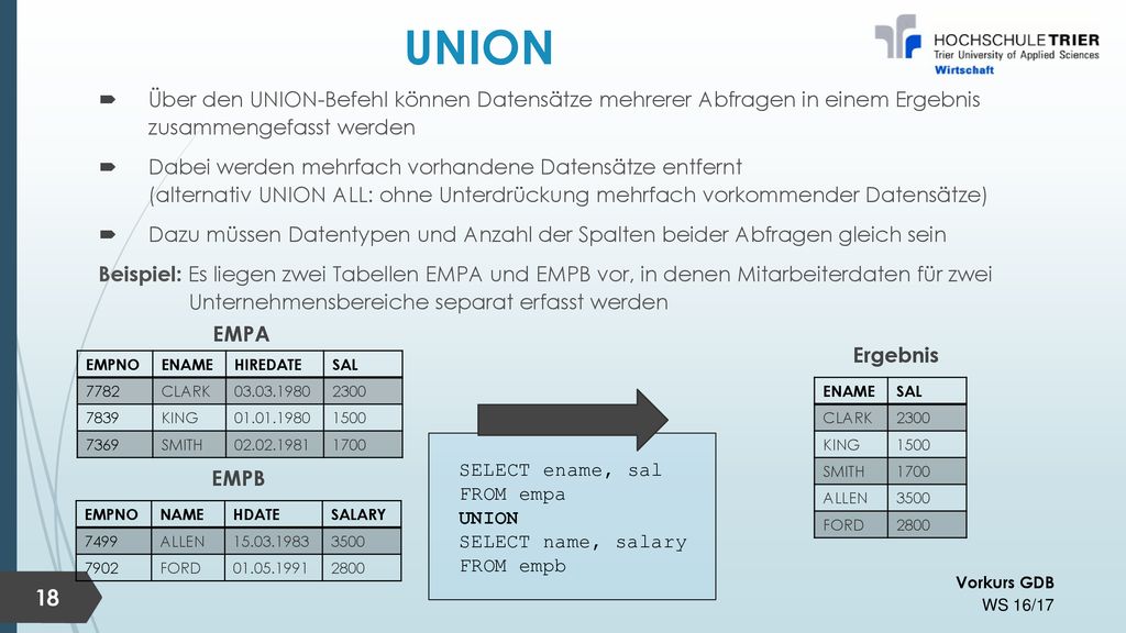 UNION Über den UNION-Befehl können Datensätze mehrerer Abfragen in einem Ergebnis zusammengefasst werden.