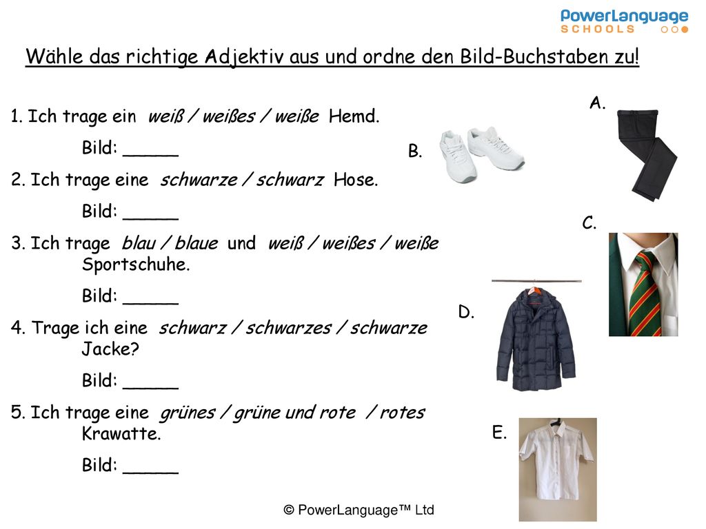 Wähle das richtige Adjektiv aus und ordne den Bild-Buchstaben zu!