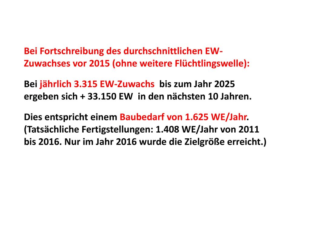 Bei Fortschreibung des durchschnittlichen EW-Zuwachses vor 2015 (ohne weitere Flüchtlingswelle):