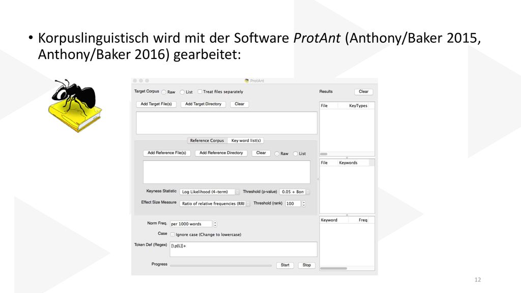 Korpuslinguistisch wird mit der Software ProtAnt (Anthony/Baker 2015, Anthony/Baker 2016) gearbeitet: