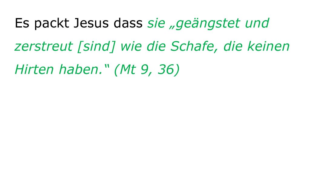 Es packt Jesus dass sie „geängstet und zerstreut [sind] wie die Schafe, die keinen Hirten haben. (Mt 9, 36)