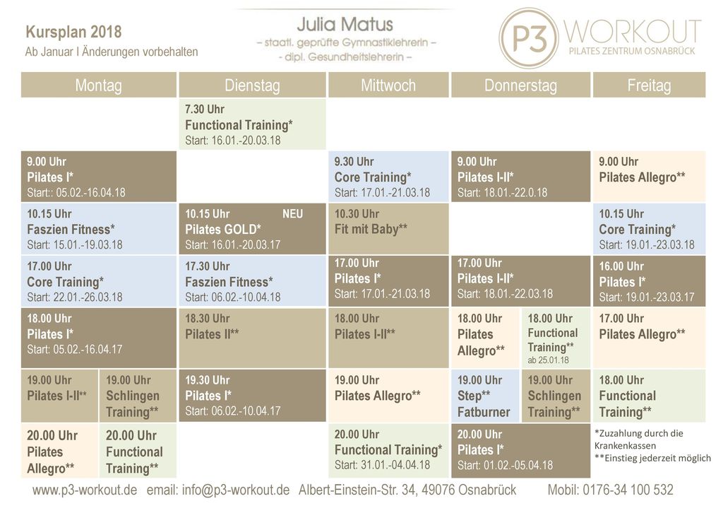 Kursplan 2018 Montag Dienstag Mittwoch Donnerstag Freitag
