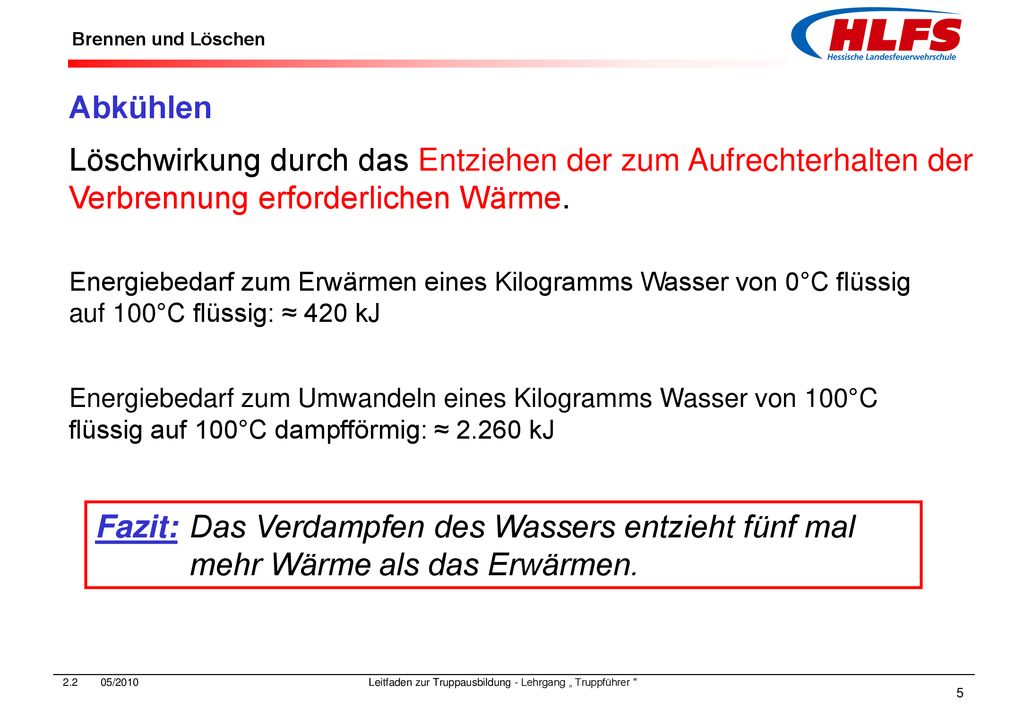 Abkühlen Löschwirkung durch das Entziehen der zum Aufrechterhalten der Verbrennung erforderlichen Wärme.