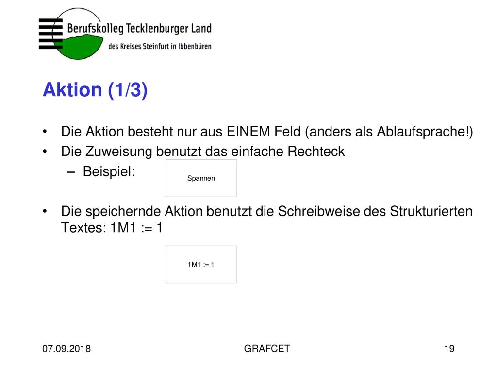 Aktion (1/3) Die Aktion besteht nur aus EINEM Feld (anders als Ablaufsprache!) Die Zuweisung benutzt das einfache Rechteck.
